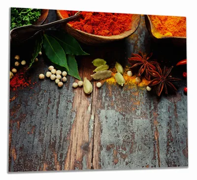 Produktbild von Wallario Herdabdeckplatte aus Glas, Größe 60 x 52 cm 1-teilig, Motiv Gewürze auf Holz - uriger Holztisch in der Küche