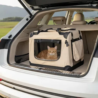 Produktbild von belviona Katzentransportbox, leichte & stabile Transporttasche Katzen, faltbar mit Mesh-Fenstern, Innenkissen & Taschen, 60x42x44 cm, beige
