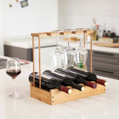 Produktbild von Decopatent Weinregal aus Bambus für 4 Weinflaschen und 4 Weingläser - Design-Weinflaschenregal / Flaschenregal mit Weinglashalter
