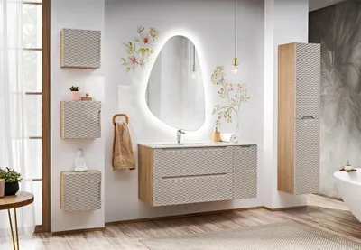 Productafbeelding van Badmeubelset 7-delig, badkamerinrichting LAXY, eikenhout, beige, met plank aan de rechterkant, inclusief wastafel