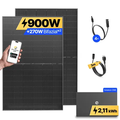Produktbild von 900W Balkonkraftwerk mit Speicher Solakon ONE (2,11 kWh) Solaranlage Steckerfertig WIFI Komplettset Photovoltaik Anlage 800W, Kabellänge: 3m