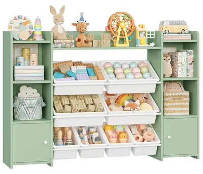 Immagine prodotto di Scaffale per giocattoli per bambini - Libreria e portaoggetti per giocattoli - 8 contenitori estraibili - Mobile portaoggetti in legno - 138 x 29 x 94 cm - Verde