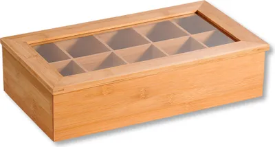Produktbild von KESPER Teebox mit 10 Fächern, Bambus,, mit Sichtfenster, Teekiste zur Aufbewahrung, 36x20x9 cm, 5890113