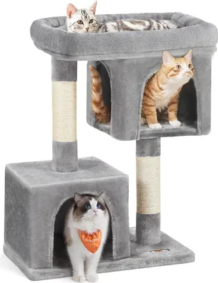 Immagine prodotto di Albero per gatti con tiragraffi in sisal e 2 grotte in peluche - Grigio chiaro