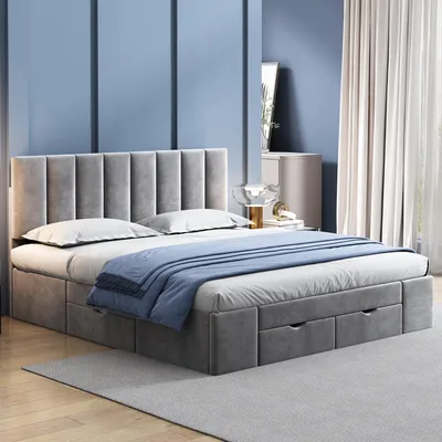 Productafbeelding van Bekleed bed 160 x 200 cm van fluweel met lattenbodem, in hoogte verstelbaar hoofdbord en 4 lades op wieltjes, grijs