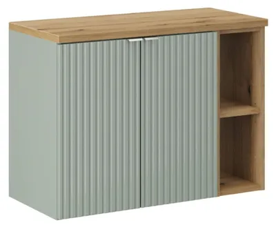 Produktbild von ELVINA Set 80cm: Unterschrank mit grünen Schränken und sichtbaren Nischen + Arbeitsplatte für Waschbecken in dunkler Holzoptik