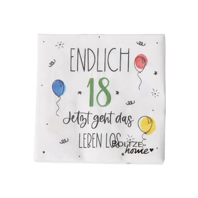 Weiße Servietten mit bunten Ballons und Spruch Endlich 18 Jetzt geht das Leben los