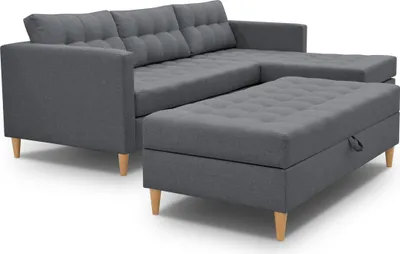 Obrázek produktu pro 3xObývací rohová pohovka MALORY - moderní rozkládací pohovka s taburetem, tmavě šedá barva, dřevěné nohy, oboustranný otoman, šířka 220 cm, 6 barevných provedení