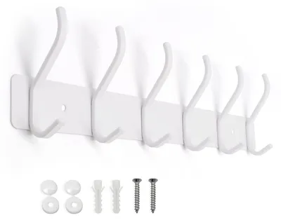 Produktbild von Wandgarderobe mit 6 Haken, Kleiderhaken aus Edelstahl, Wandgarderobe für Schlafzimmer, Badezimmer, Küche (weiß, 6 Haken)