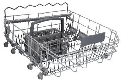A dishwasher basket with a cutlery holder.