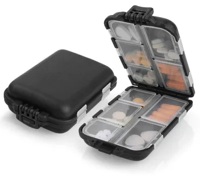 Immagine prodotto di Contenitore per pillole da 7 giorni, con 10 scomparti, colore nero. Scatola per farmaci, ideale per viaggi e uso quotidiano