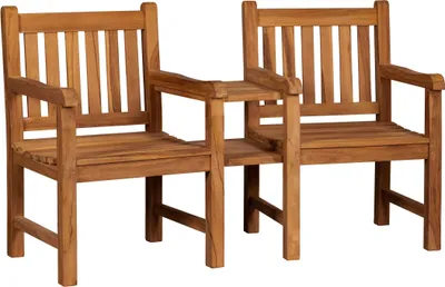 A wooden garden bench with two seats and a small table in between, shown against a white background.