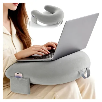 Produktbild von Gaming- und Lesekissen mit seitlichen Aufbewahrungstaschen: Schreibtischkissen für Erwachsene, Schwamm-Lesekissen für das Sitzen auf Bett, Sofa oder Fußboden (Grau)