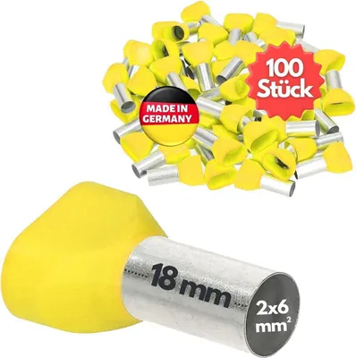 Produktbild von 100 Stück Kalitec AET618GE Zwillingsaderendhülsen isoliert 2x6,0mm² 18mm lang gelb I Germany I Industriequalität