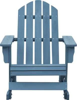 A front view of a blue Adirondack chair against a white background.