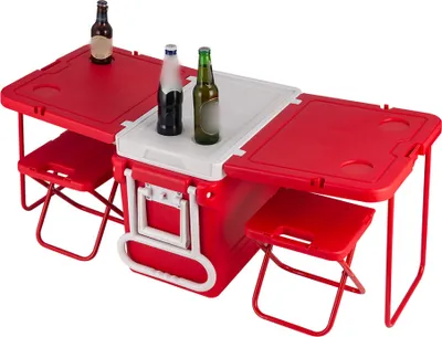 Zdjęcie produktu dla 32L Rolling Cooler Ice Chest Camping Outdoor Picnic Przenośny pojemnik termoizolacyjny ze stołem i krzesłem