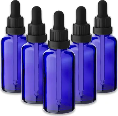 Produktbild von 5x Blaue Glasflasche 50 ml mit schwarzer Pipette Tropfpipette für Öl
