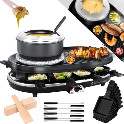 A collage of a raclette grill with various food items and accessories.