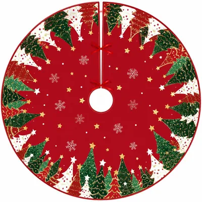 Image de Jupe de Noël - Motifs dorés représentant des arbres, des étoiles et des flocons de neige - Dessous de sapin - Rouge, diamètre 90 cm