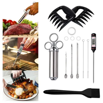 Image de Kit de marinade pour barbecue comprenant une seringue en acier inoxydable et des accessoires