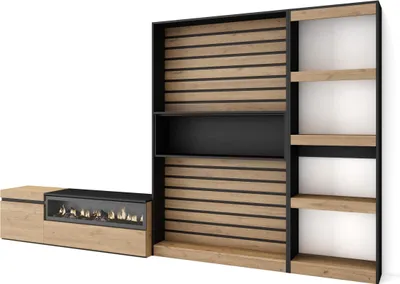 Produktbild von Wohnwand Wohnzimmer, 320x35x186cm, Elektrokamin, Eiche und Schwarz