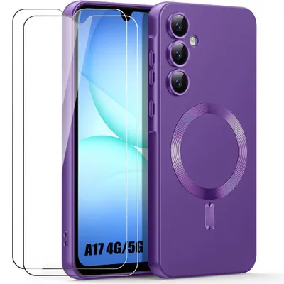 Image de Coque + 2 Verres Trempés pour Samsung Galaxy A17 4G/5G, Protection Silicone Antichoc avec Cercle Magnétique - Violet