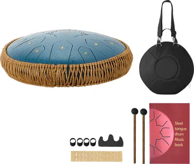 Obrázok produktu pre SucceBuy Bubon na jazyk, 33 cm s 15 notami, hudobný bubon C dur vrátane notovej knihy a paličiek, bubon na jazyk z ocele na meditáciu, jogu a hudobnú prípravu pre začiatočníkov, námornícka modrá