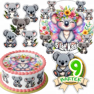 Zdjęcie produktu dla Zestaw Opłatek Na Tort 20Cm + 16 Postaci - Miś Koala + Imię 15Cm 18Cm