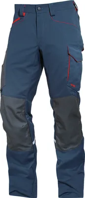 A pair of blue cargo pants with gray knee patches and red accents.
