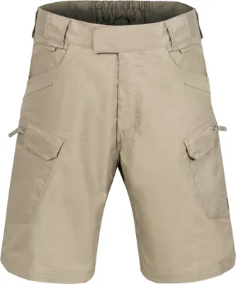 A front view of khaki cargo shorts on a white background.