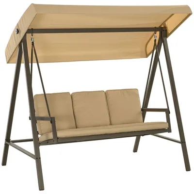 Produktbild von Outsunny Hollywoodschaukel 3-Sitzer Schaukelbank mit Verstellbarem Dach, Schwingbank mit Rückenkissen, Gartenschaukel bis 360 kg Belastbar, Beige, 200 x 125 x 175 cm