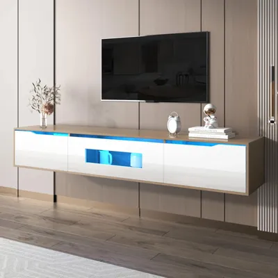 Immagine prodotto di Mobile TV – Mobile TV a basso profilo – 180 x 35 x 30 cm – Illuminazione LED a 16 colori – Finitura lucida – Bianco e effetto legno