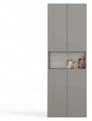 Image de Armoire de salle de bain : quatre portes, cinq étagères, couleur terre, avec panier à linge