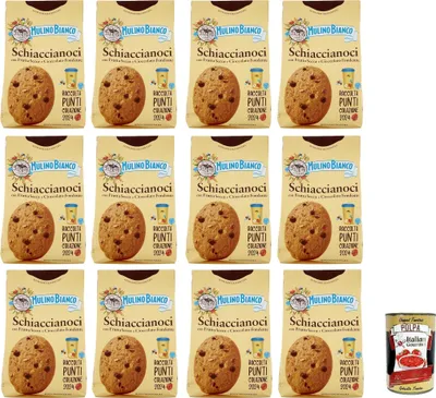 Produktbild von Mulino Bianco, Biscotti Frollini Schiaccianoci Frutta Secca e Cioccolato Fondente, Kekse mit getrockneten Früchten und dunkle Schokolade, biscuits cookies 12x 300g + Italian Gourmet polpa 400g