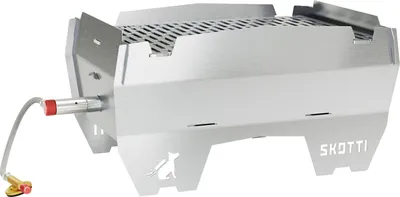 A silver metal portable grill with a gas hose attached, shown on a white background.