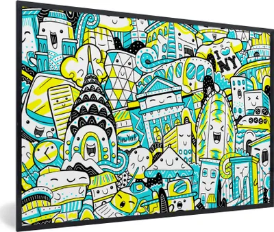 Produktbild von MuchoWow® MuchoWow® Gerahmtes Poster New York - Blau - Gelb 30x20 cm - Poster mit zchwarzem Bilderrahmen - Kunstdruck - Bild-Poster