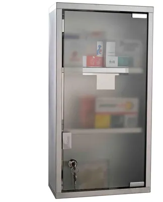 Produktbild von Arzneischrank Mattglas kindersicher, Medizinschrank Edelstahl abschließbar, Erste-Hilfe-Schrank Silber | 2 Schlüssel | 3 Fächer | 25x12x48 cm