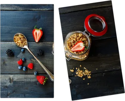 Produktbild von Spritzschutz Herdabdeckplatte Schneidebrett aus Glas Granola und Erdbeeren 2-Teilig (60x52cm)