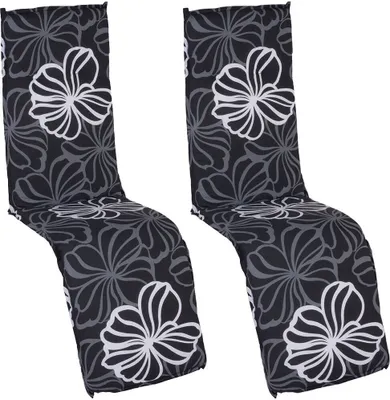 Two lounge chair cushions with a black and white floral pattern are shown against a white background.