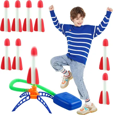 Produktbild von Raketen Spielzeug Für Kinder, 6 Foam Rockets and 1 Launcher Pad, Raketenspiel Kinder Outdoor, Garten Spielzeug, Outdoor Spielzeugs für Kinders ab 3-12 Jahre, im Strand oder Park