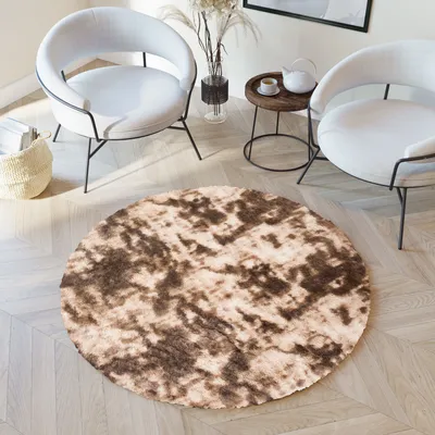 Obrázek produktu pro Koberec kulatý s krátkým vlasem do obývacího pokoje nebo ložnice, hnědý, moderní abstraktní melírovaný design, 130 x 130 cm