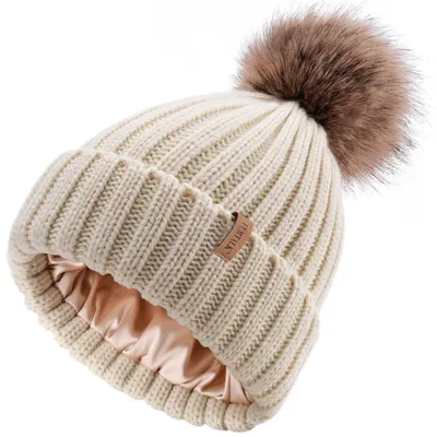 Produktbild von Bommelmütze Damen mit Satinfutter und Kunstfellbommel Einheitsgröße Beige