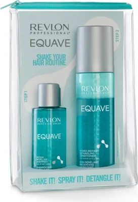 A clear, well-lit product shot of a Revlon Equave gift set in its transparent packaging.