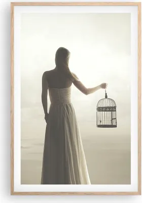 Produktbild von Gerahmtes Poster - Rahmen in heller Eiche - Frau Käfig Vogel - 61x91,5 cm - Wand Bild - Wanddeko - Wandbilder - Kunstposter - Wandposter - Bilderrahmen - Bilder - Kunstdruck - P2NPA61x91-4787