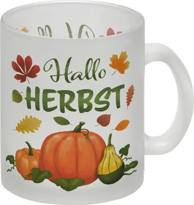 Produktbild von Hallo Herbst Glas Tasse mit hübschen Kürbissen