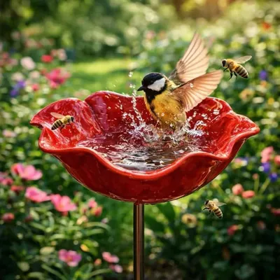 Image de Piquets de jardin en métal, forme de fleur, abreuvoirs pour oiseaux, insectes et abeilles, en acier inoxydable
