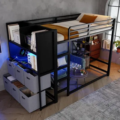 Productafbeelding van MODFU Metalen hoogslaper, jeugdbed, 120x200 cm, multifunctioneel bed met oplaadstation en verlichting, metalen bedframe met ladder en stoffen lades, zonder matras, zwart