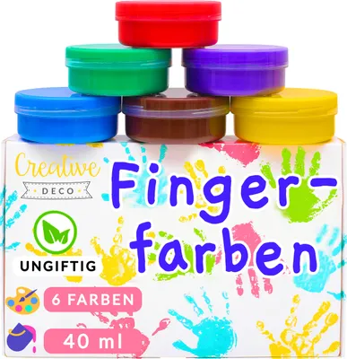 Produktbild von Creative Deco Finger-Farben Kinder-farben | 6 x 40 ml Becher | Intensive Farben | Set für Kleinkinder | Sicher & Ungiftig | Wasserbasiert | Bastel-farbe Plakat-farbe