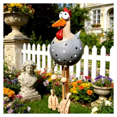 Produktbild von Keramisches Huhn als Gartendekoration, Handgefertigte Gartenstecker und Statue, Hühnerfigur aus Harz für Garten und Terrasse (Grau)