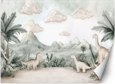Zdjęcie produktu dla Fototapeta filzelinowa dziecięca Dinozaury Jurajski świat w pastelach 400x280 cm Feeby Zielony klej w zestawie  łatwa w montażu